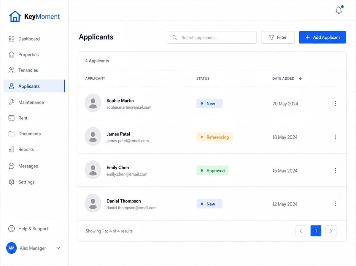 KeyMoment landlord portal applicant list showing applicant names, statuses and dates