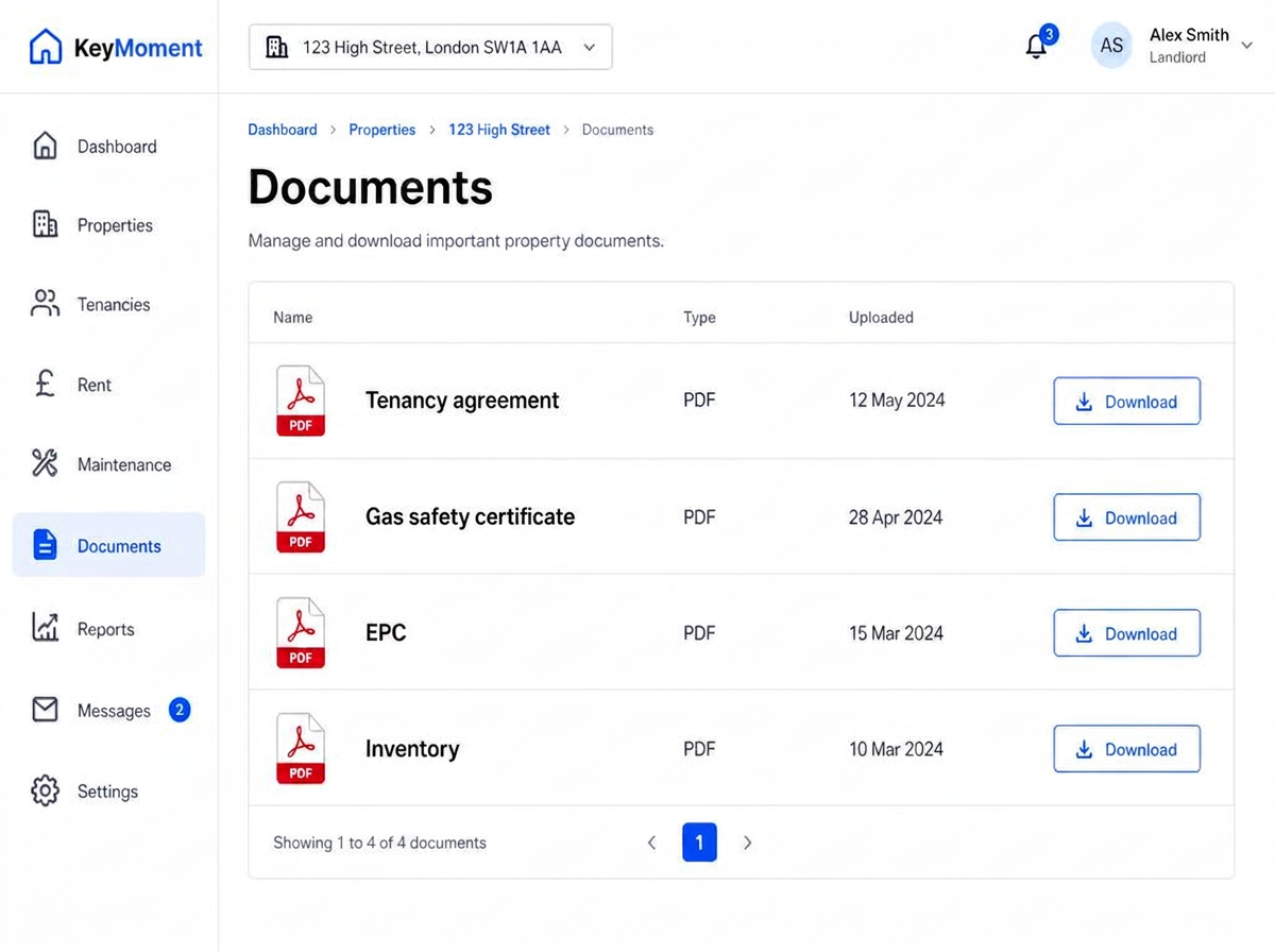 KeyMoment landlord portal documents list with download buttons for tenancy agreement, gas safety certificate and EPC