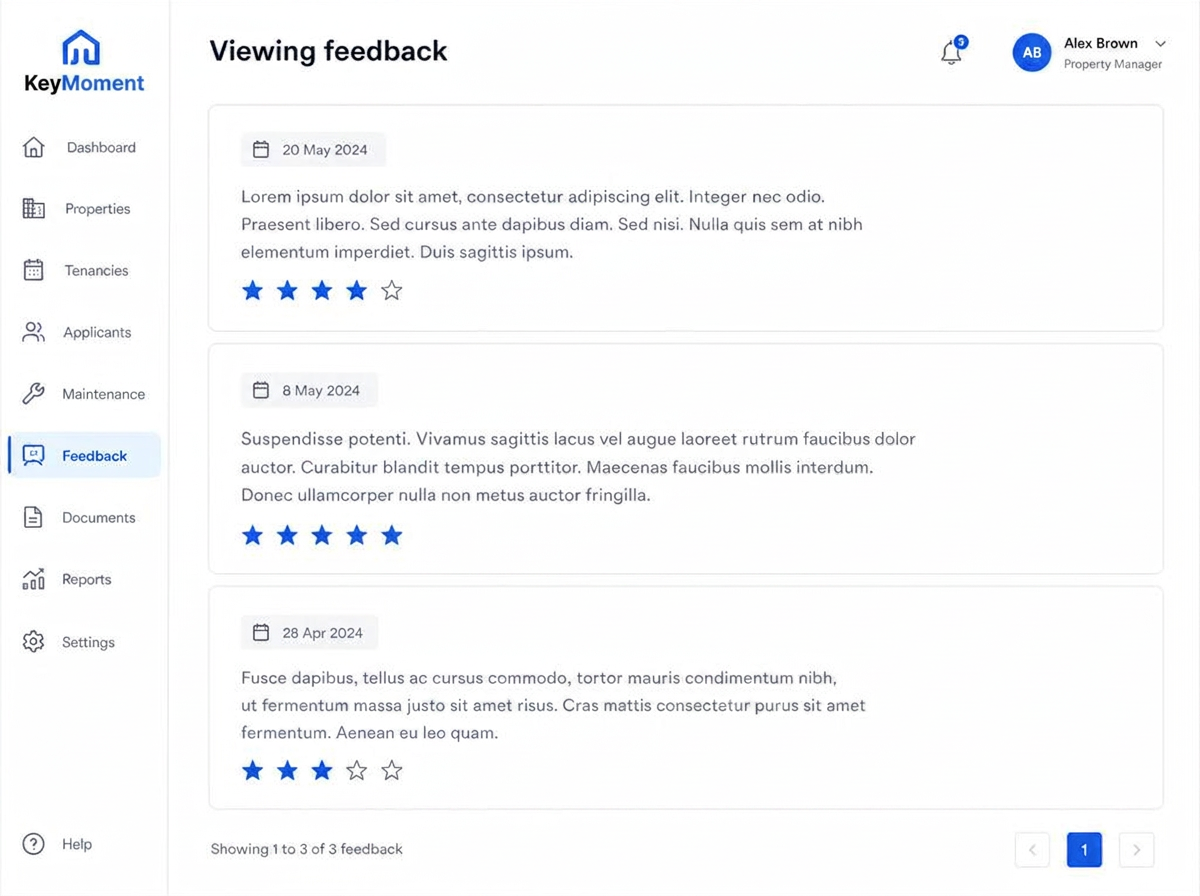 KeyMoment landlord portal viewing feedback notes with dates and ratings